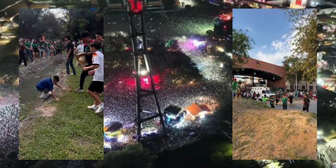 Collage of a Nighttime Festival: Left Panel Shows a Boy Kneeling by a Muddy Bank As Onlookers Watch; Center Panel a Crowded, Confetti-filled Stage Area with Lights; Right Panel People by a Building on a Grassy Slope. - Salud Regia