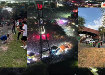 Collage of a nighttime festival: left panel shows a boy kneeling by a muddy bank as onlookers watch; center panel a crowded, confetti-filled stage area with lights; right panel people by a building on a grassy slope.