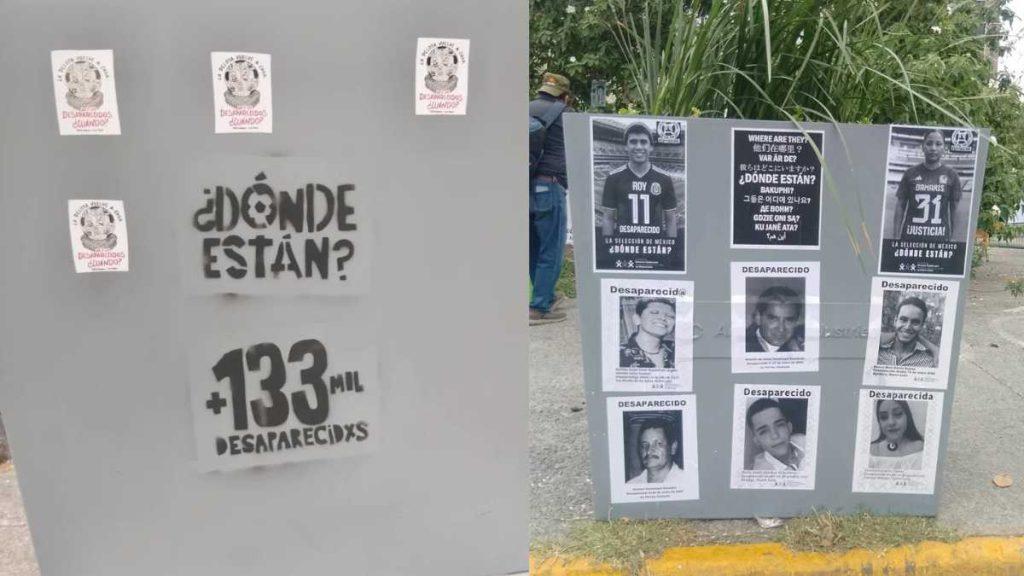 Gobierno-de-nuevo-leon-oculta-desaparecidos - Salud Regia Panel on a Gray Wall with '¿dónde Están?' and a Large '+133 Mil Desaparecidos' Poster Surrounded by Smaller Flyers About Missing People. - Salud Regia