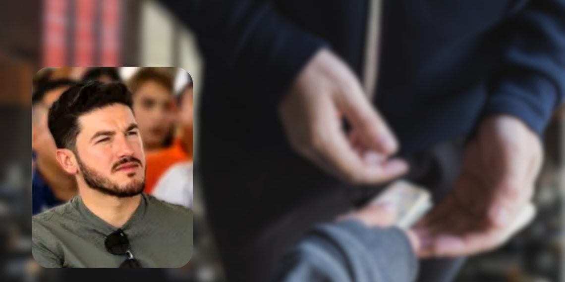Bearded Man Squinting in a Green Shirt; Inset over a Blurred Scene of Someone Counting Cash. - Salud Regia