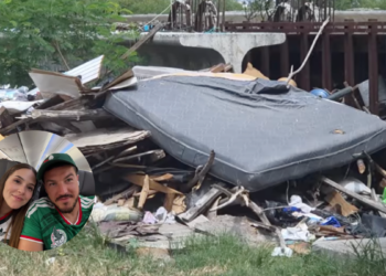 Trash and Debris Piled Beside a Metal Structure, with a Large Mattress; Circular Inset Shows a Couple Taking a Selfie in a Car - Salud Regia